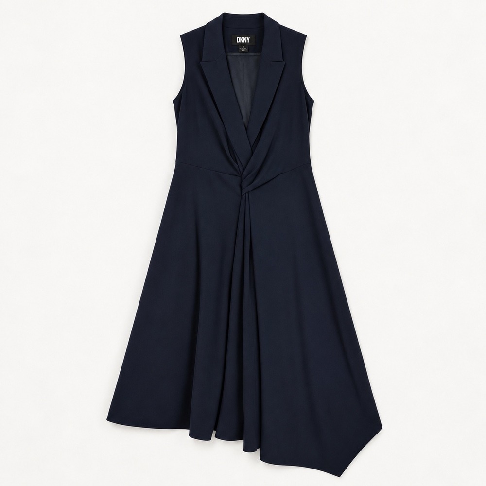 DKNY Navy Blue Sleeveless Asymmetrical Draped Midi Dress Size 14